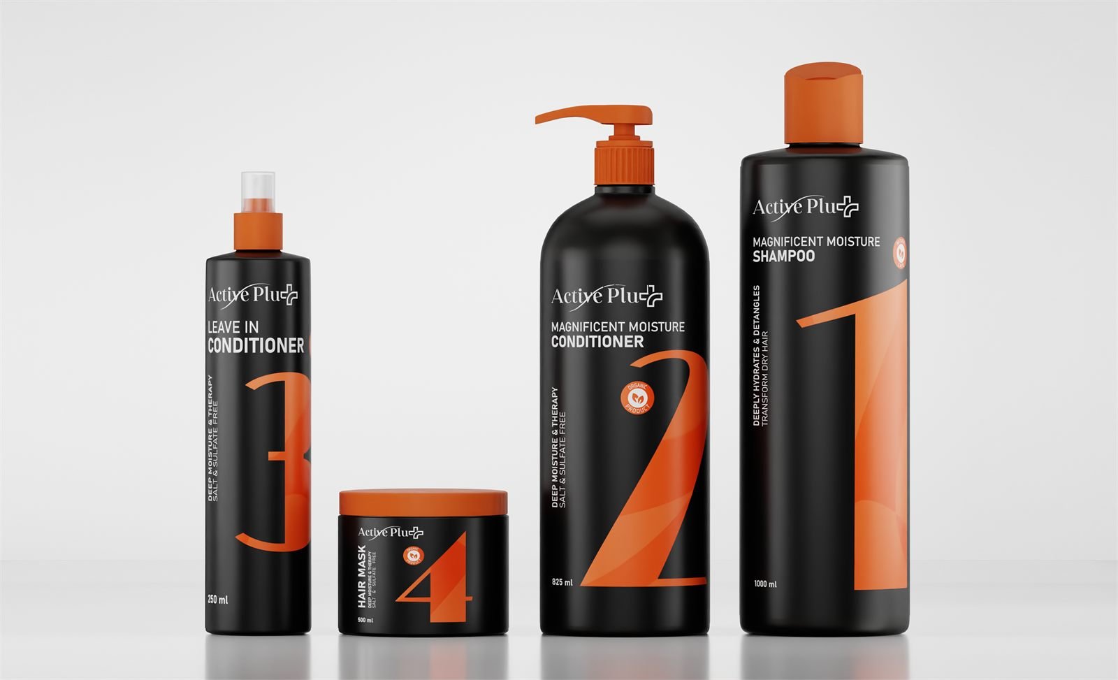 The four Active Plus packs in order: 1 shampoo, 2 conditioner, 3 leave-in, 4 hair mask