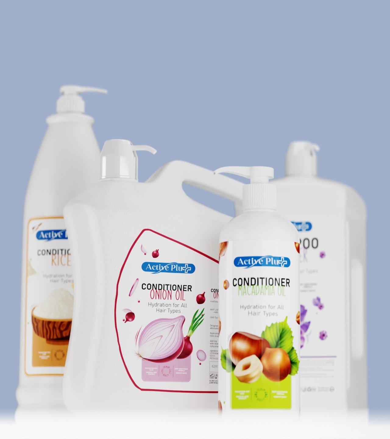 Active Plus conditioner in four bottle formats, from a one-litre pump to a salon jug
