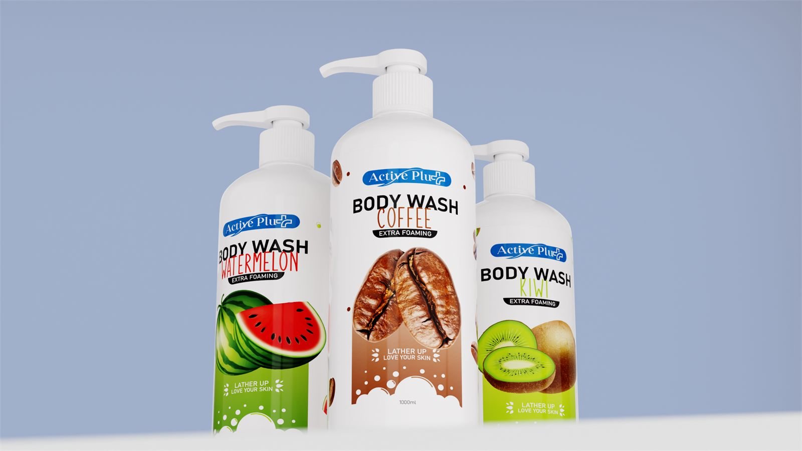 Active Plus body wash in watermelon, coffee and kiwi against a blue ground