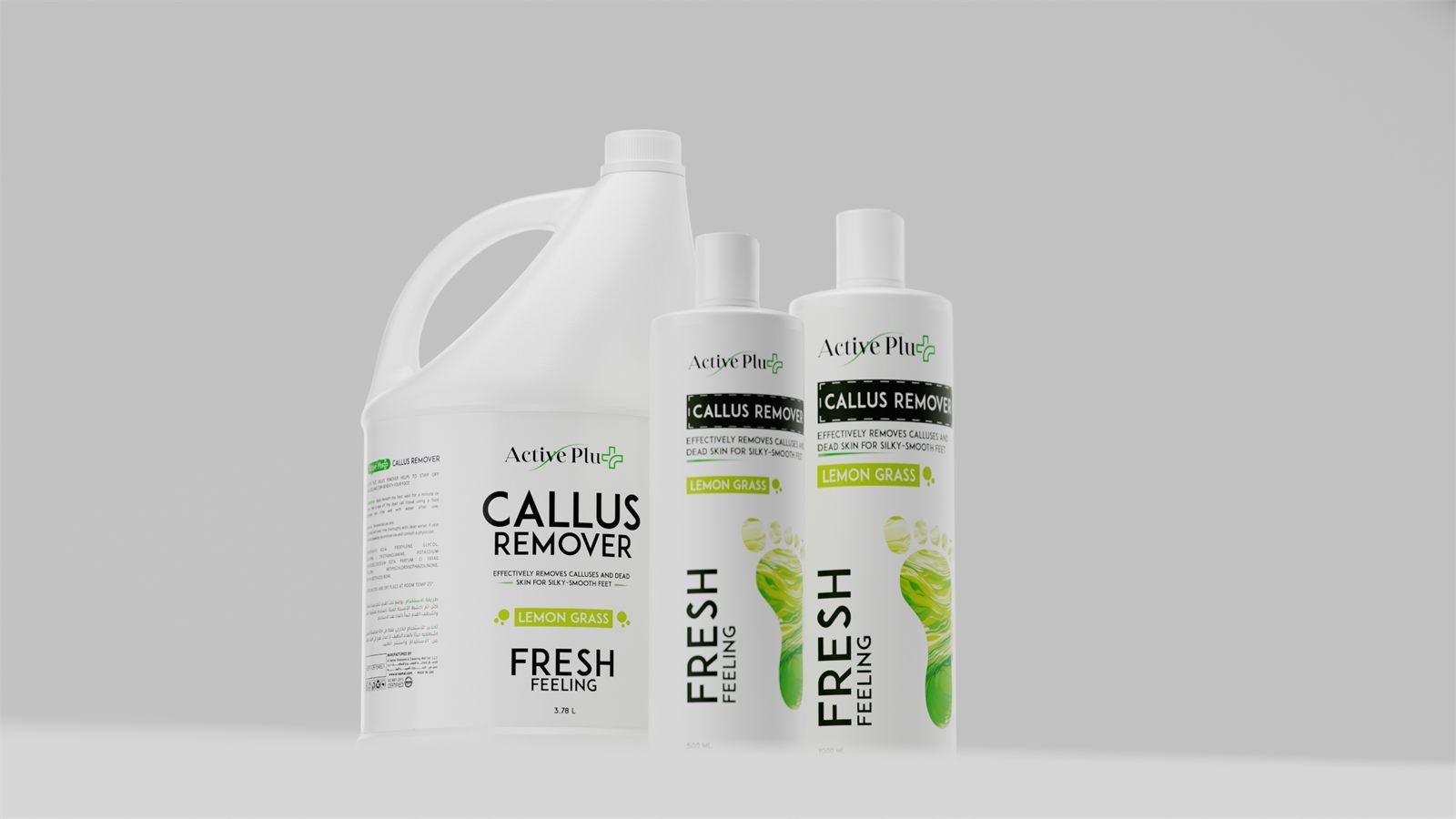 Active Plus callus remover in a 3.78 litre jug beside the one-litre and 500 ml bottles