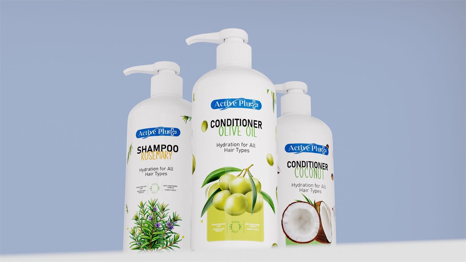 Active Plus conditioner in olive oil and coconut beside the rosemary shampoo