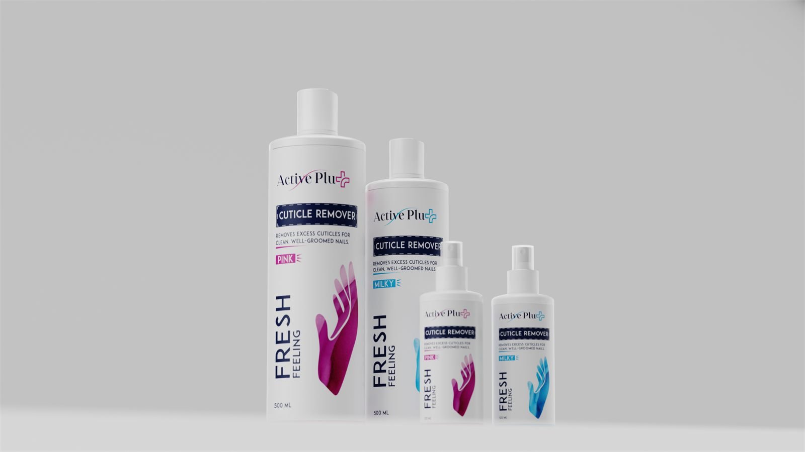 Active Plus cuticle remover in pink and milky, in 500 ml bottles and 125 ml sprays