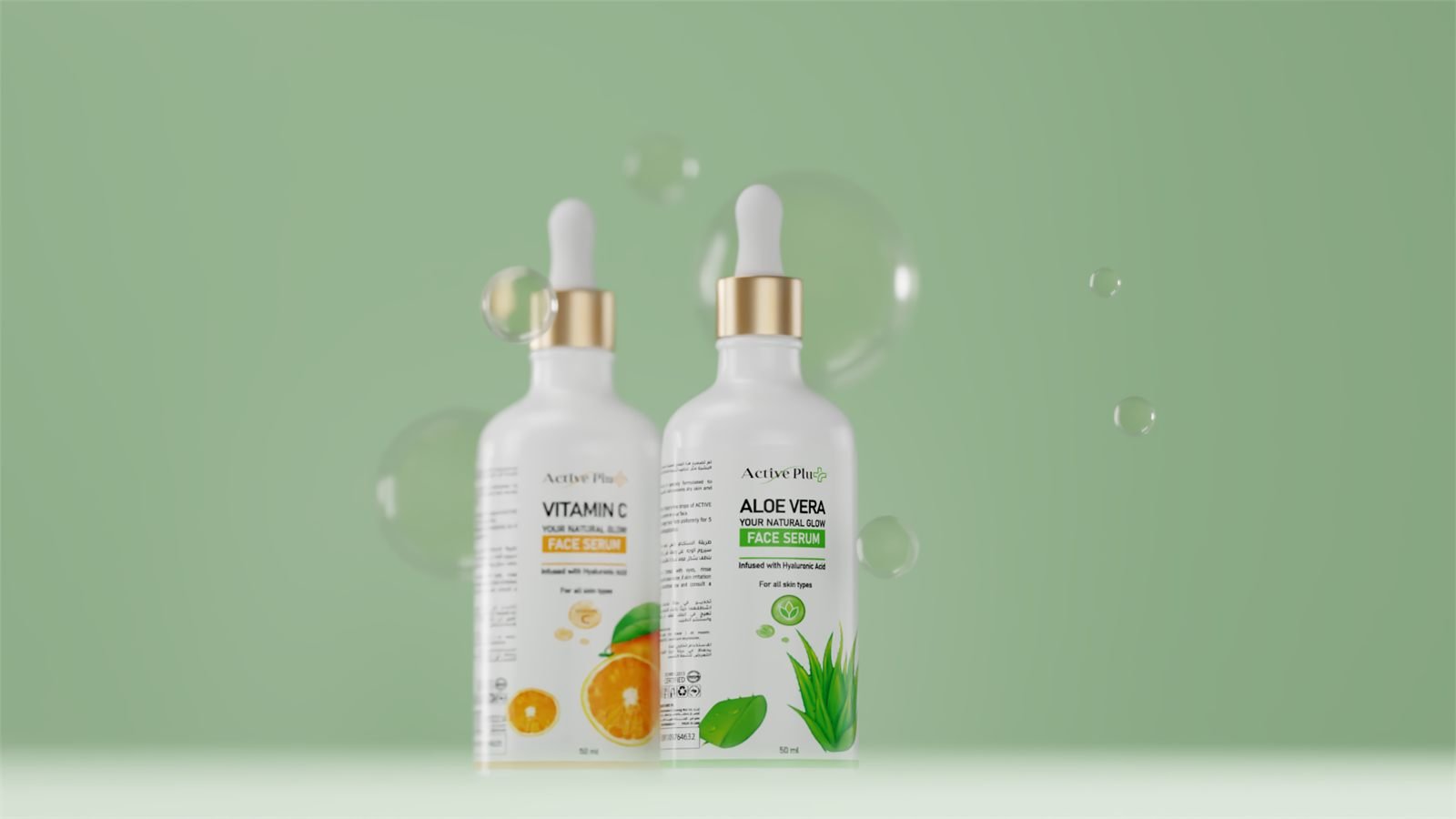 The vitamin C and aloe vera face serums in 50 ml dropper bottles