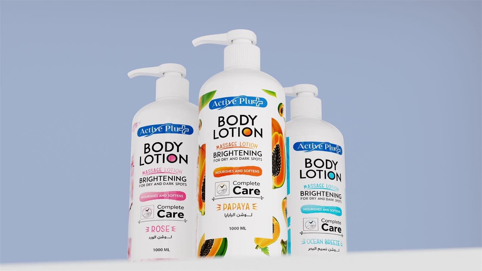 Active Plus body lotion in rose, papaya and ocean breeze