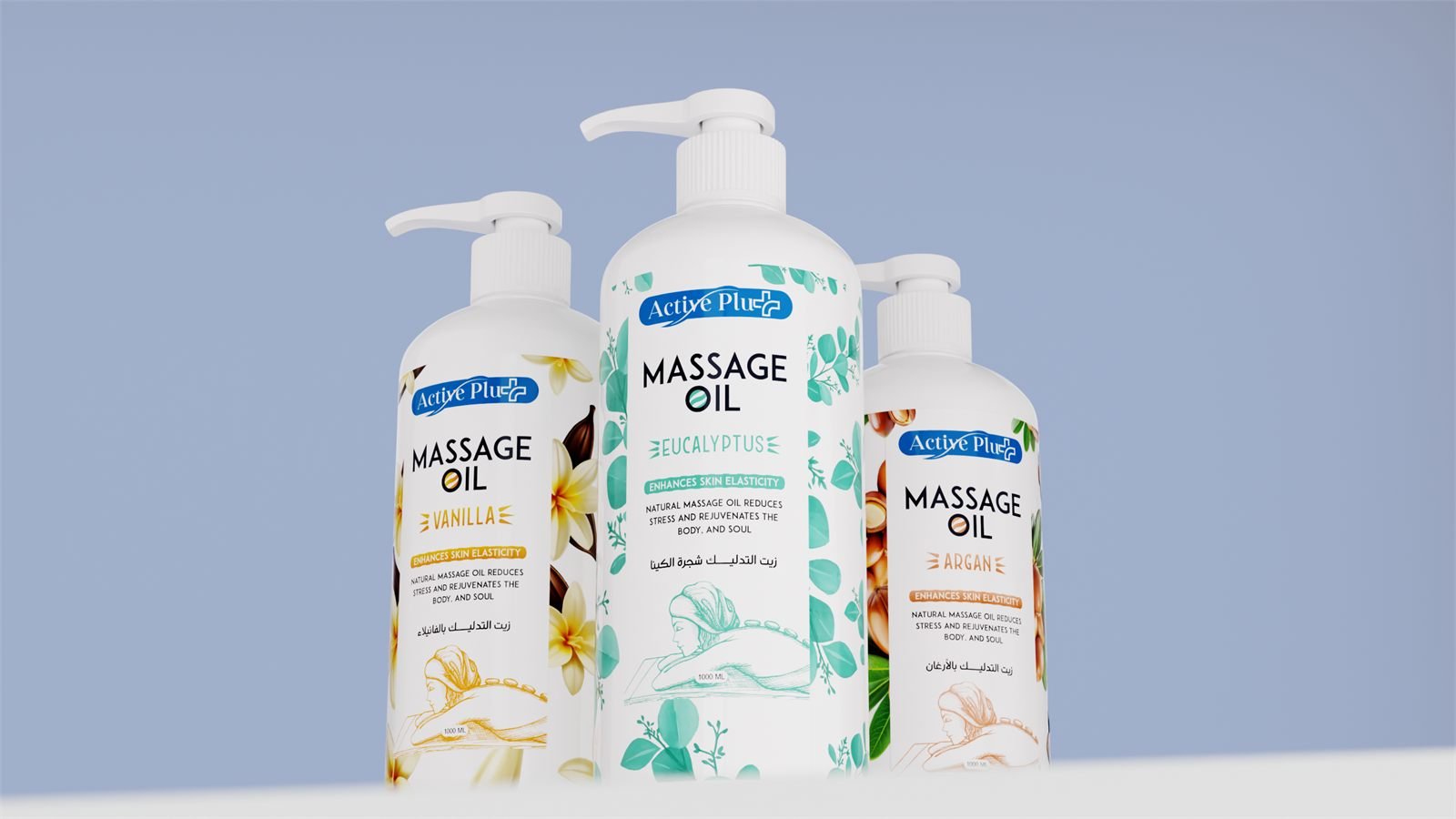 Active Plus massage oil in vanilla, eucalyptus and argan