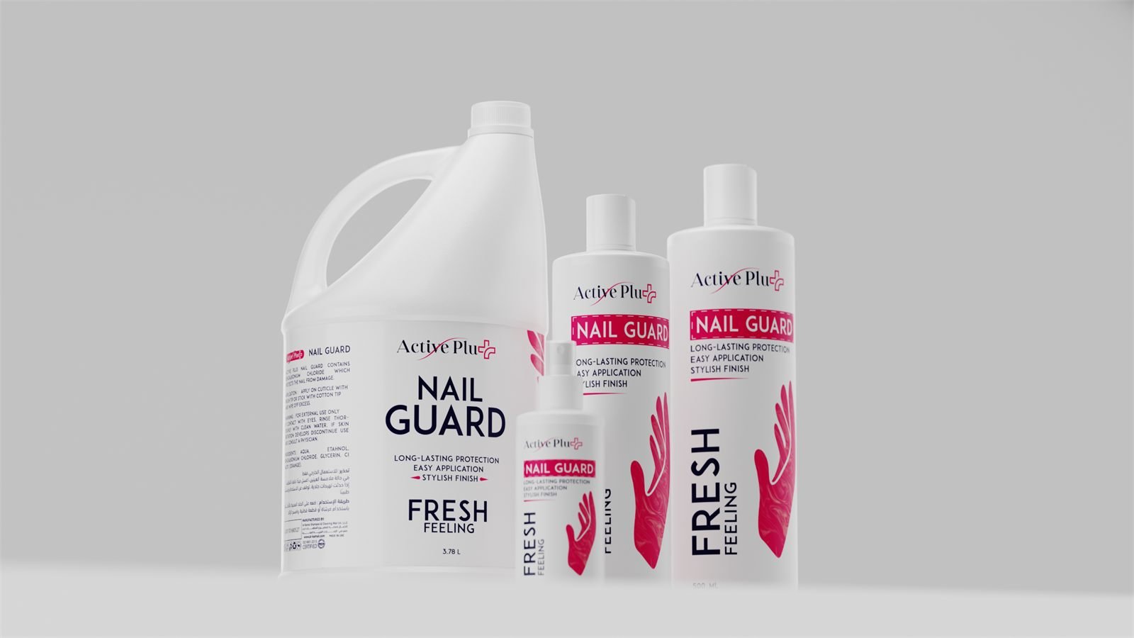Active Plus nail guard across four sizes from a 3.78 litre jug to a 125 ml spray