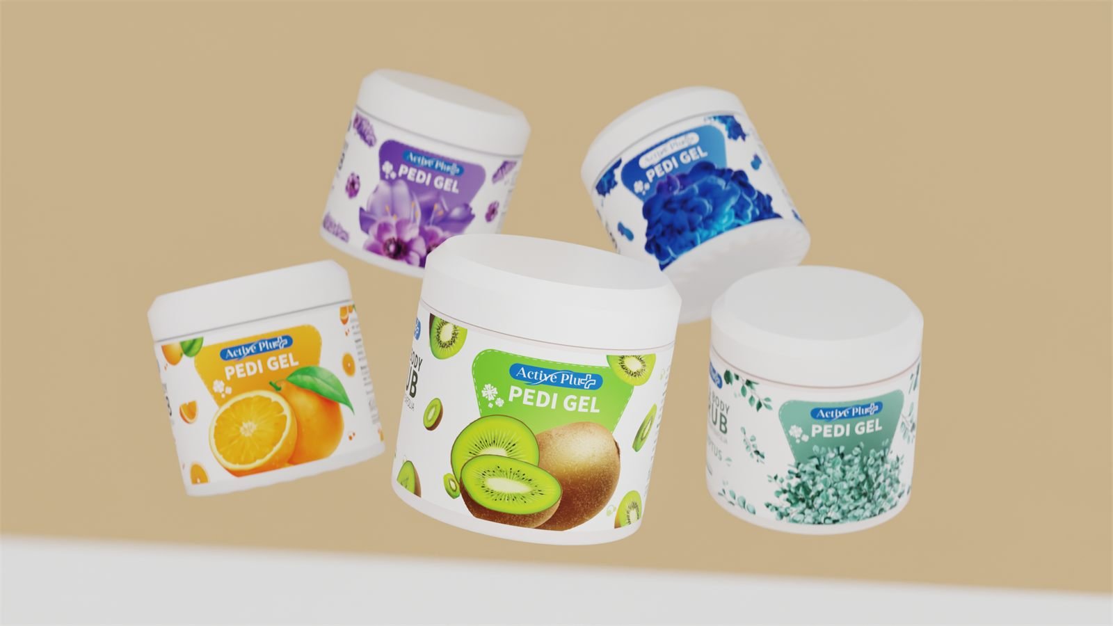 Five Active Plus pedi gel tubs suspended against a sand ground