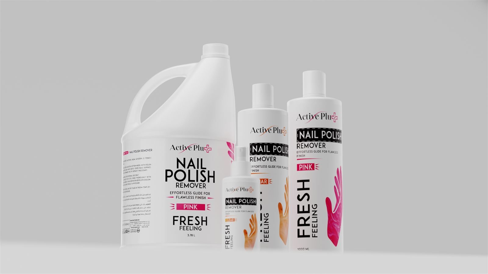 Active Plus nail polish remover in pink and clear across four sizes
