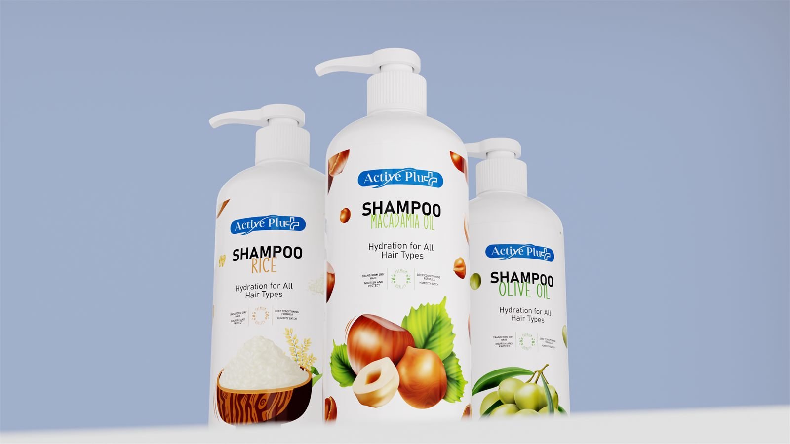 Active Plus shampoo in rice, macadamia oil and olive oil