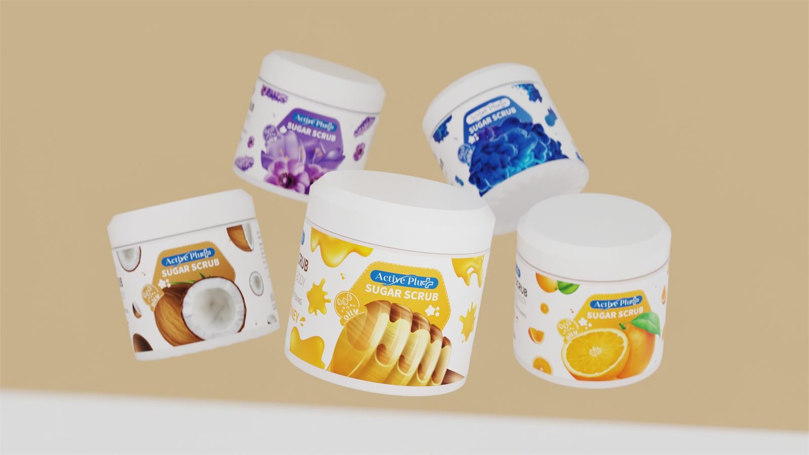 Five Active Plus sugar scrub tubs suspended against a sand ground