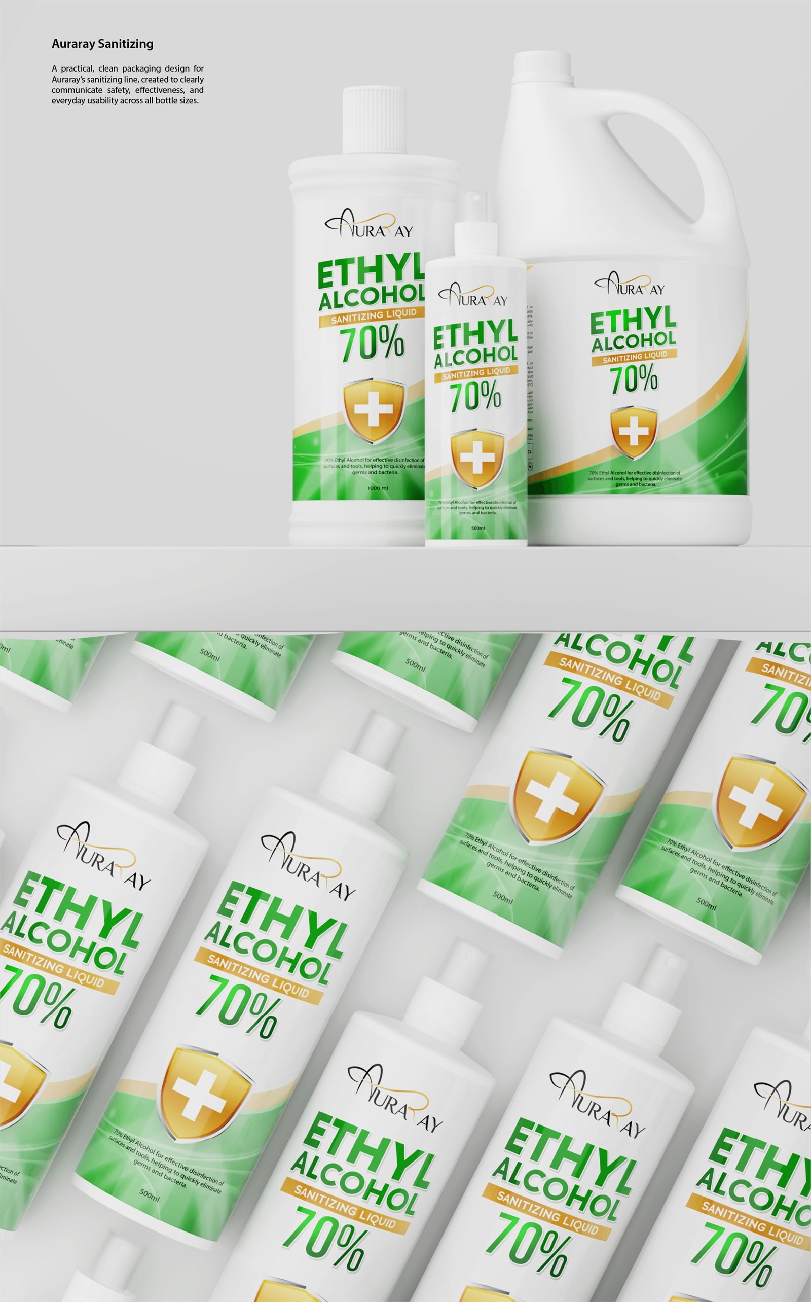 Auraray sanitising range across all bottle sizes