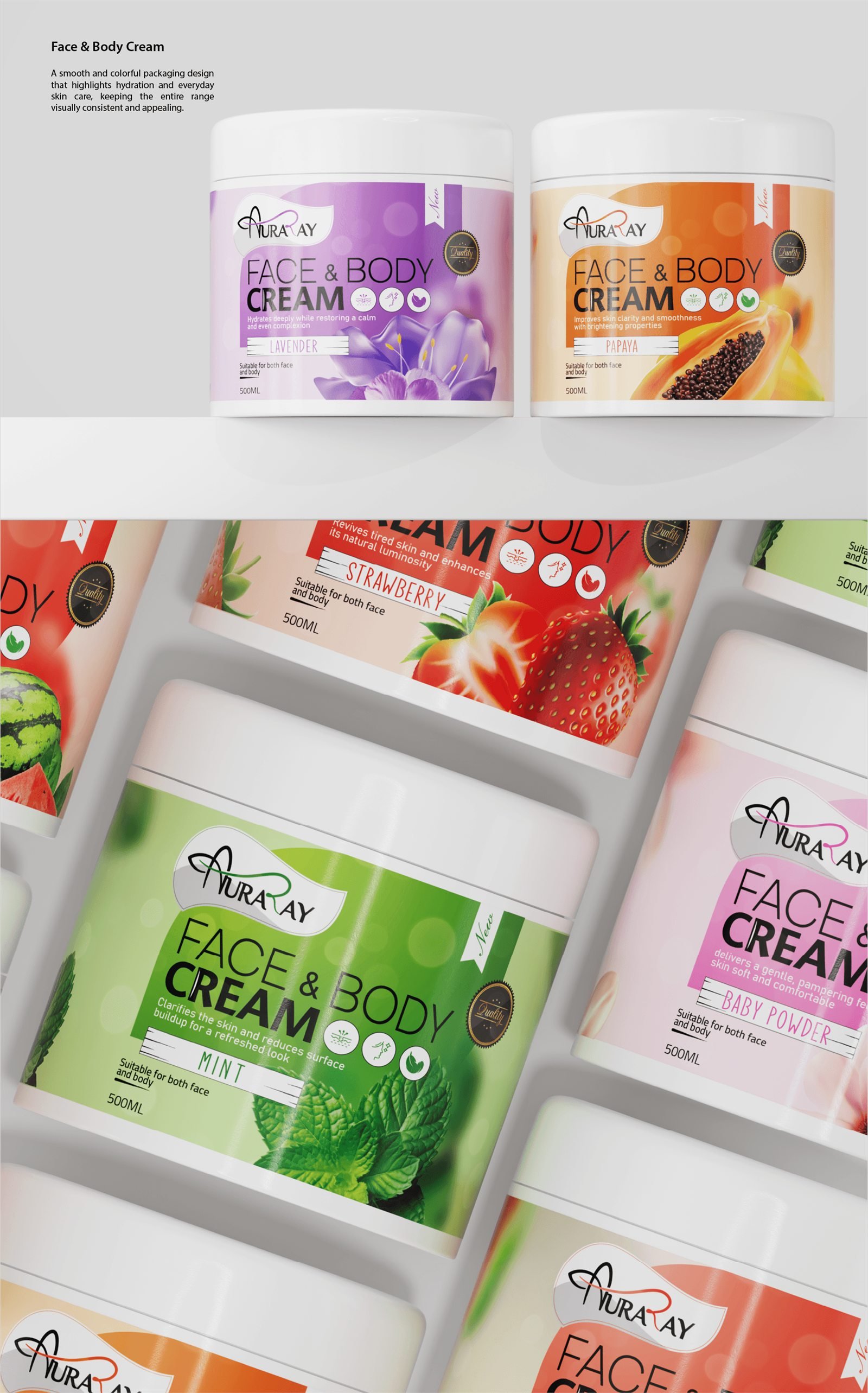 Auraray face and body cream in lavender, papaya, strawberry, mint and baby powder