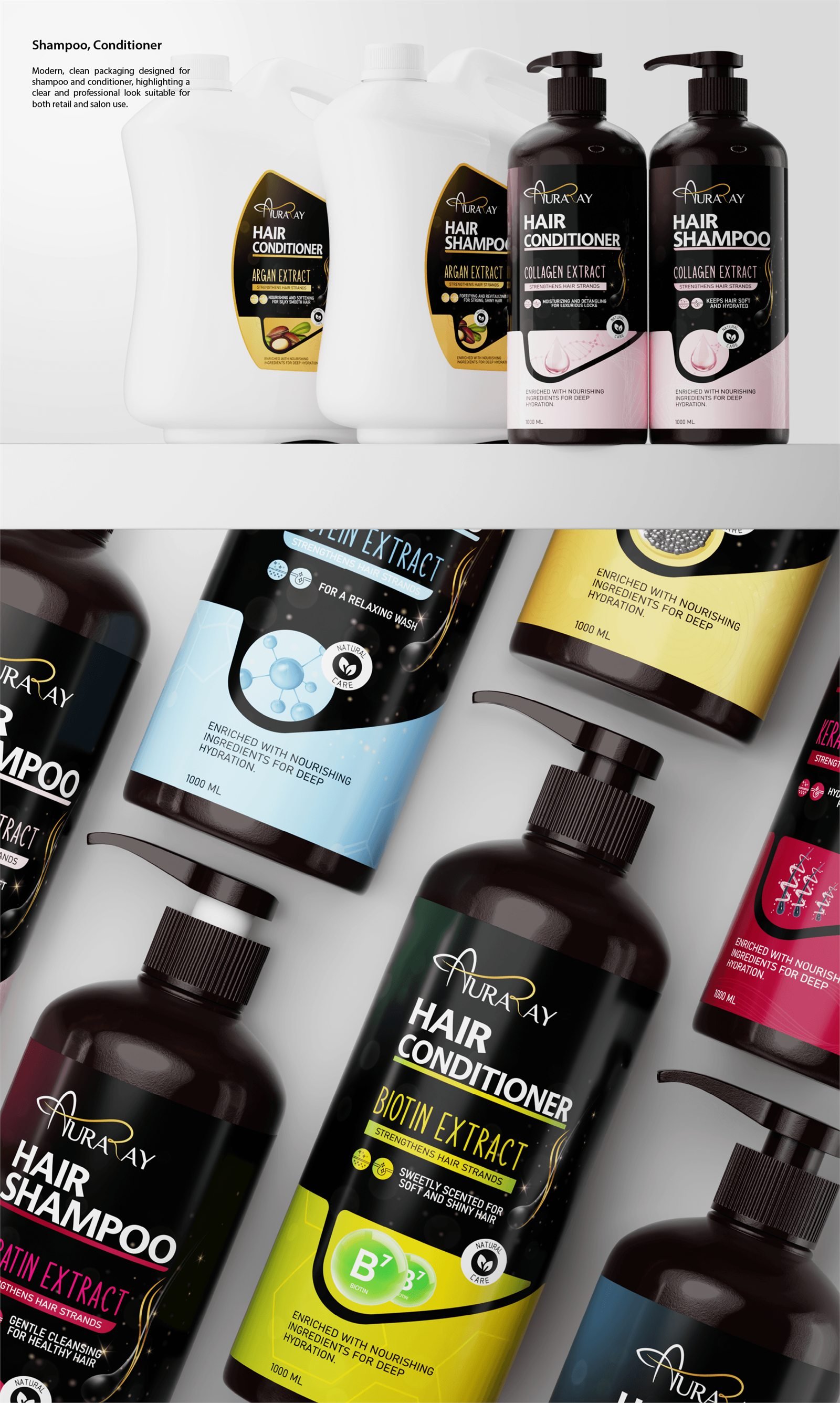 Auraray shampoo and conditioner, retail and salon