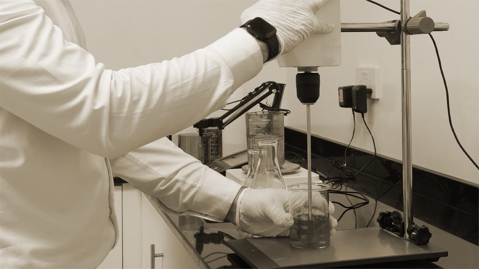 Quality control — a batch under the overhead stirrer in the lab