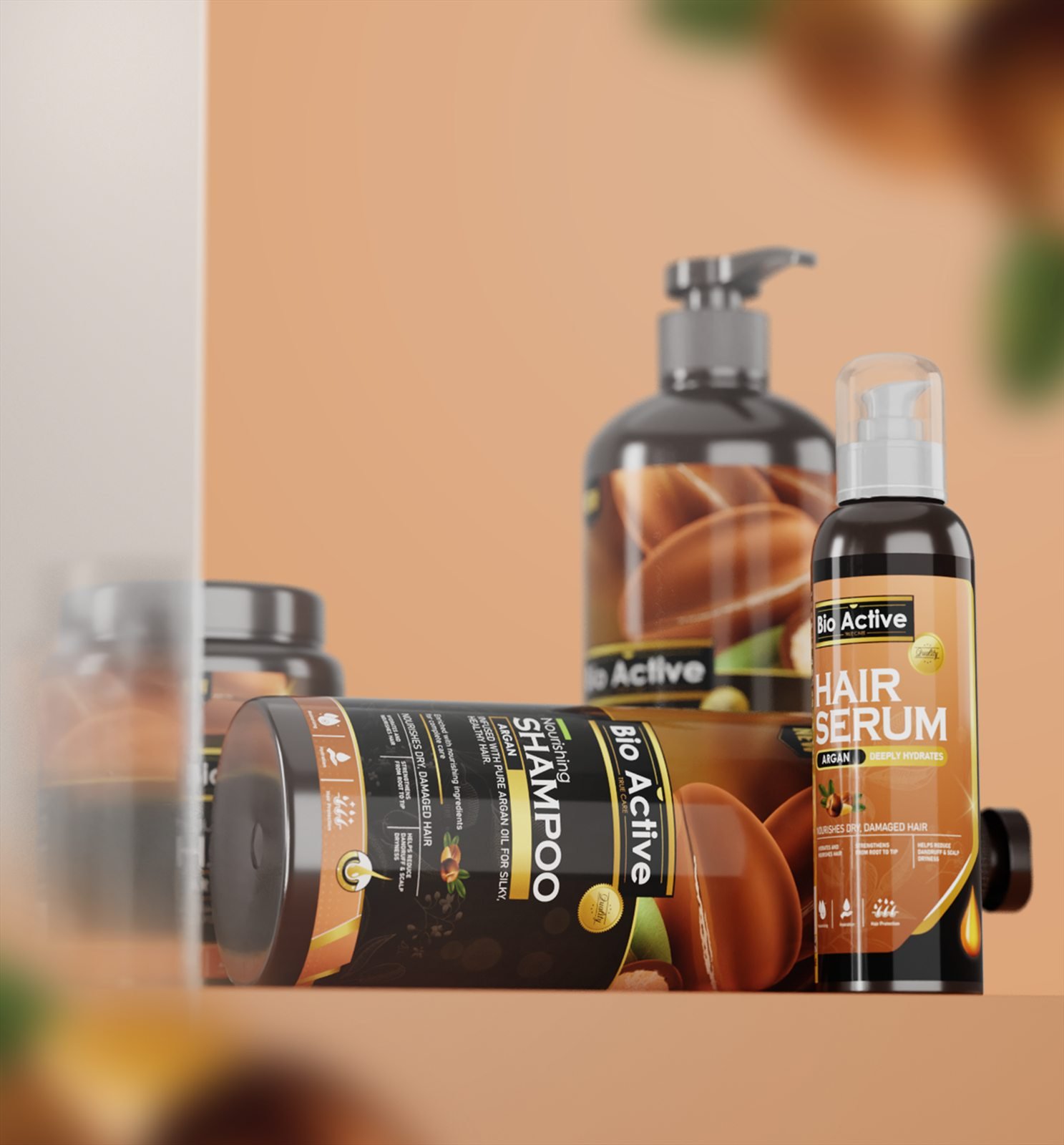 Bio Active argan shampoo and serum in shelf context