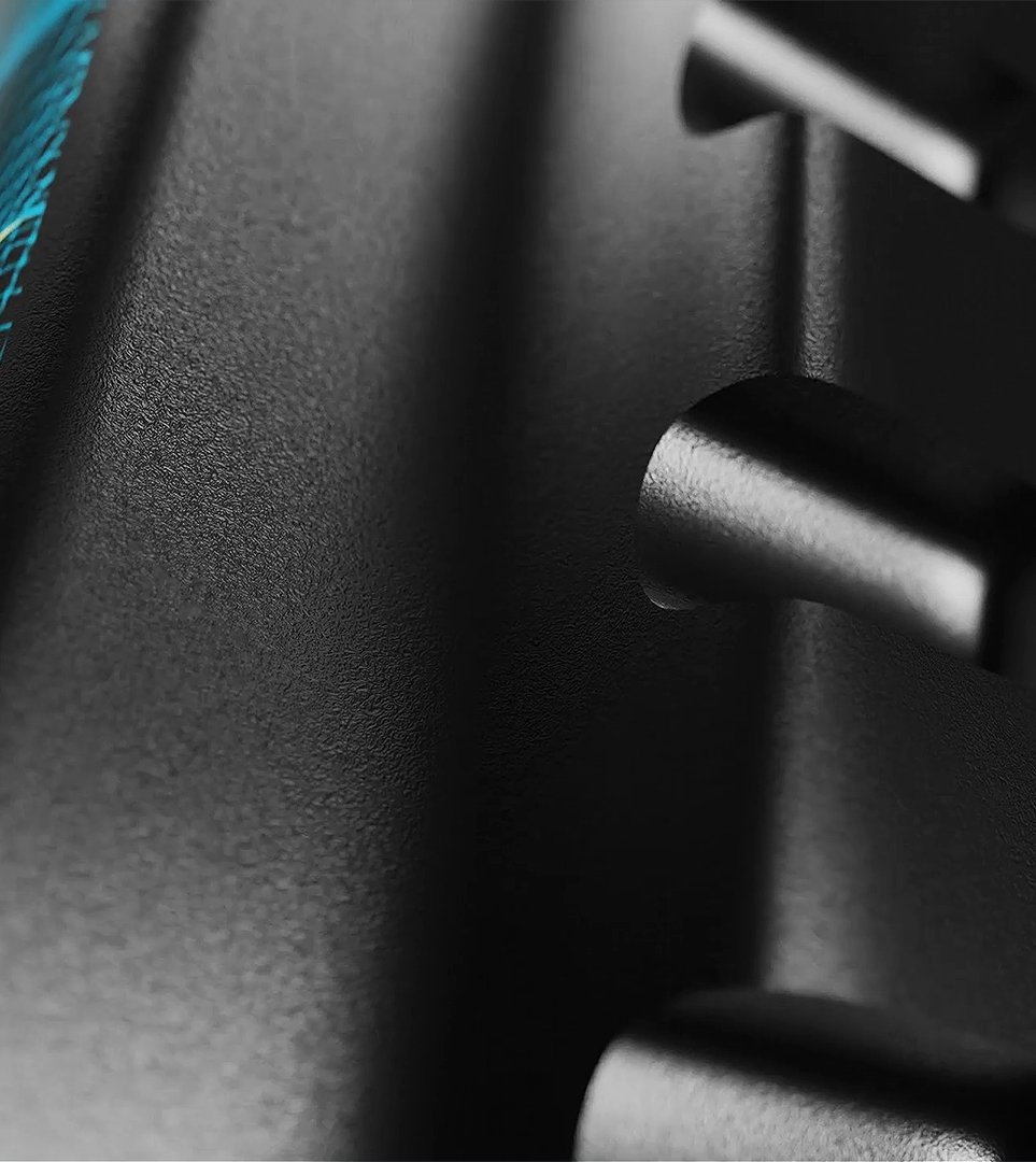 Macro of the textured flank and moulded handle ribs