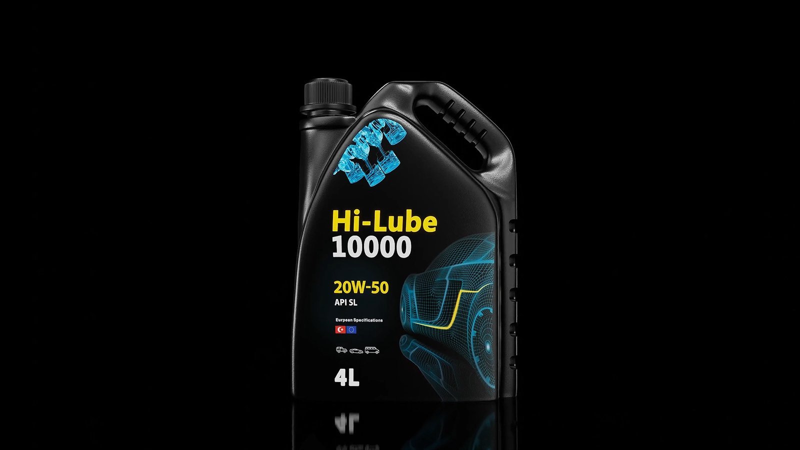 Hi-Lube 10000 four-litre motor oil can, black on black