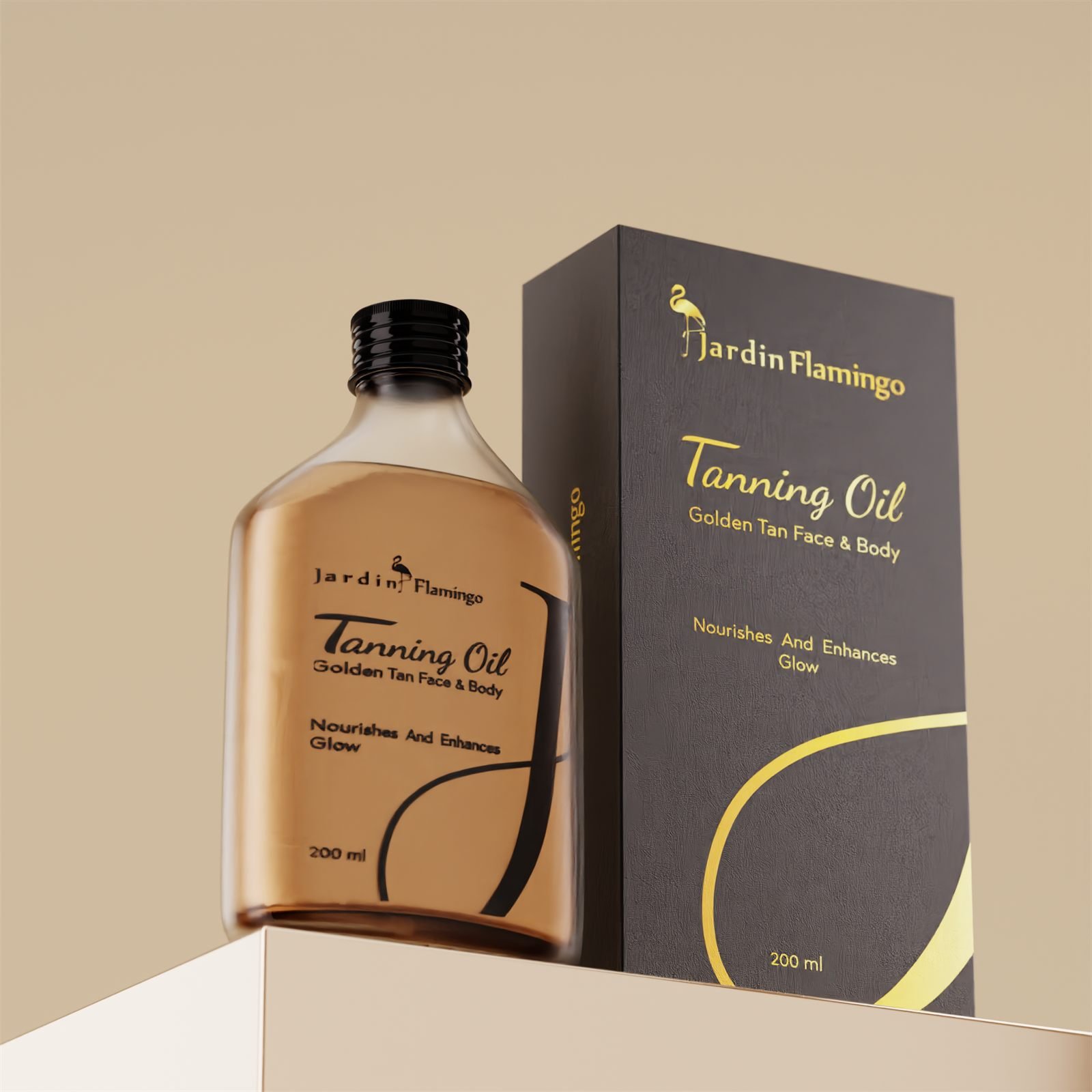 The flask beside its charcoal carton with gold foil