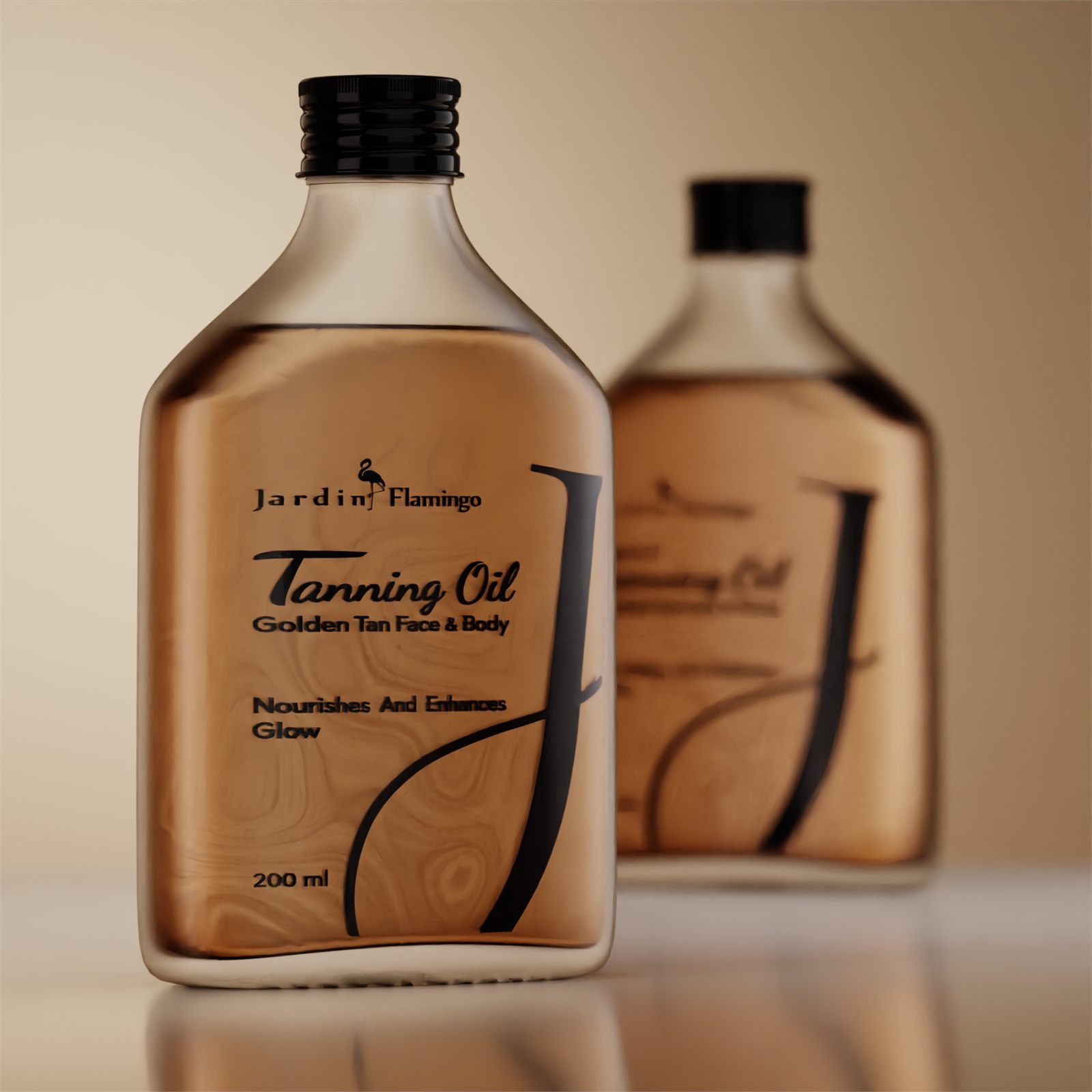 Two Jardin Flamingo tanning oil flasks, the front one sharp and the second falling out of focus