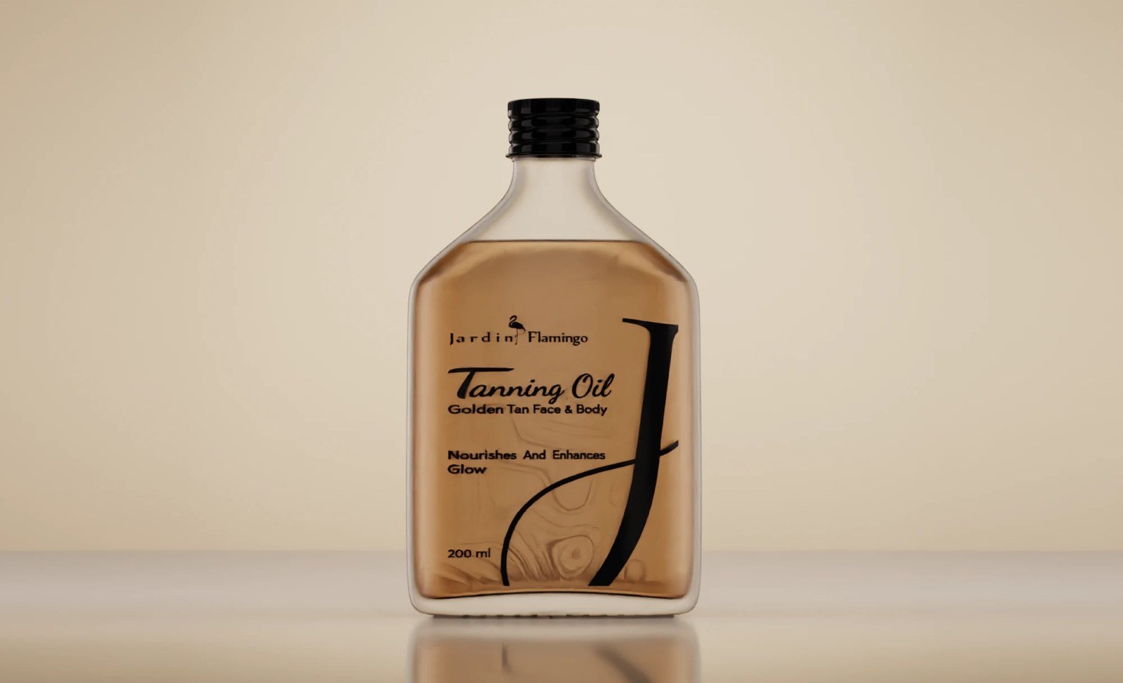 The 200 ml Jardin Flamingo tanning oil flask, whole, against a warm ground