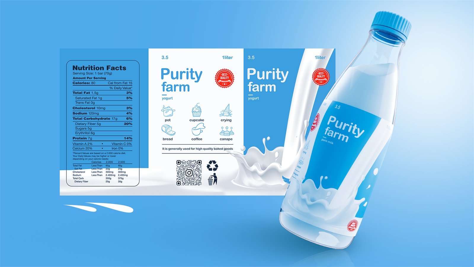 The Purity Farm bottle wrap laid out flat, showing nutrition panel, usage icons and QR