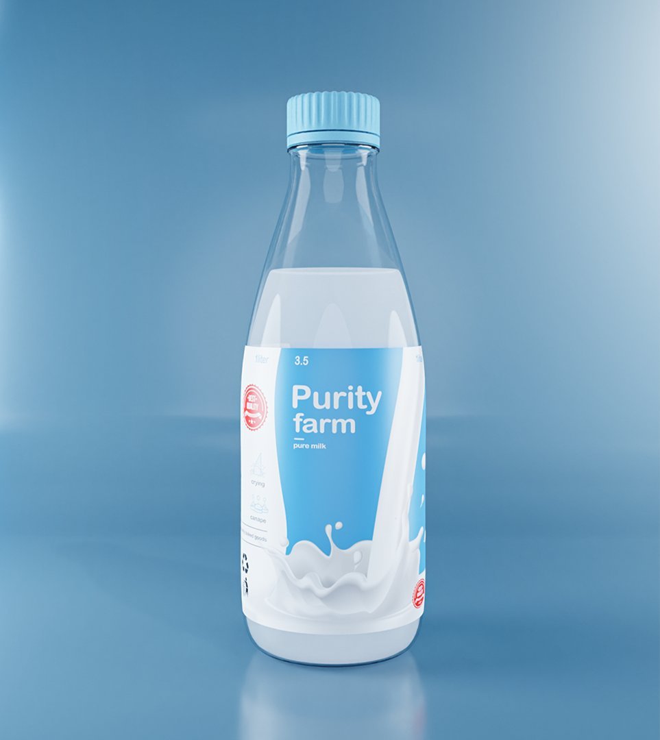 Purity Farm one-litre PET milk bottle, straight front view