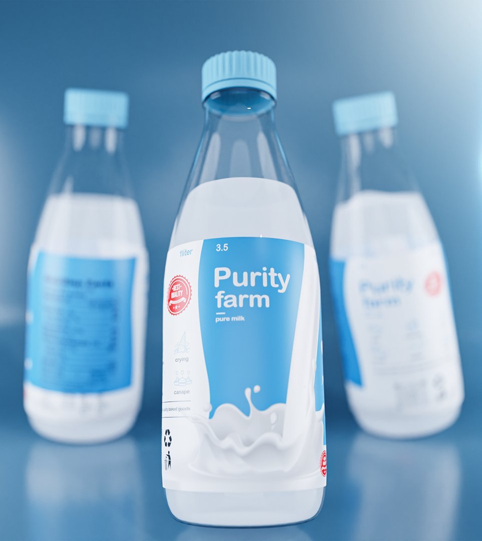 Three Purity Farm bottles showing front, back and side of the wrap