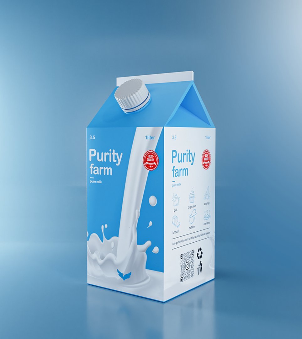 Three-quarter view of the carton showing the side panel with usage icons and QR code