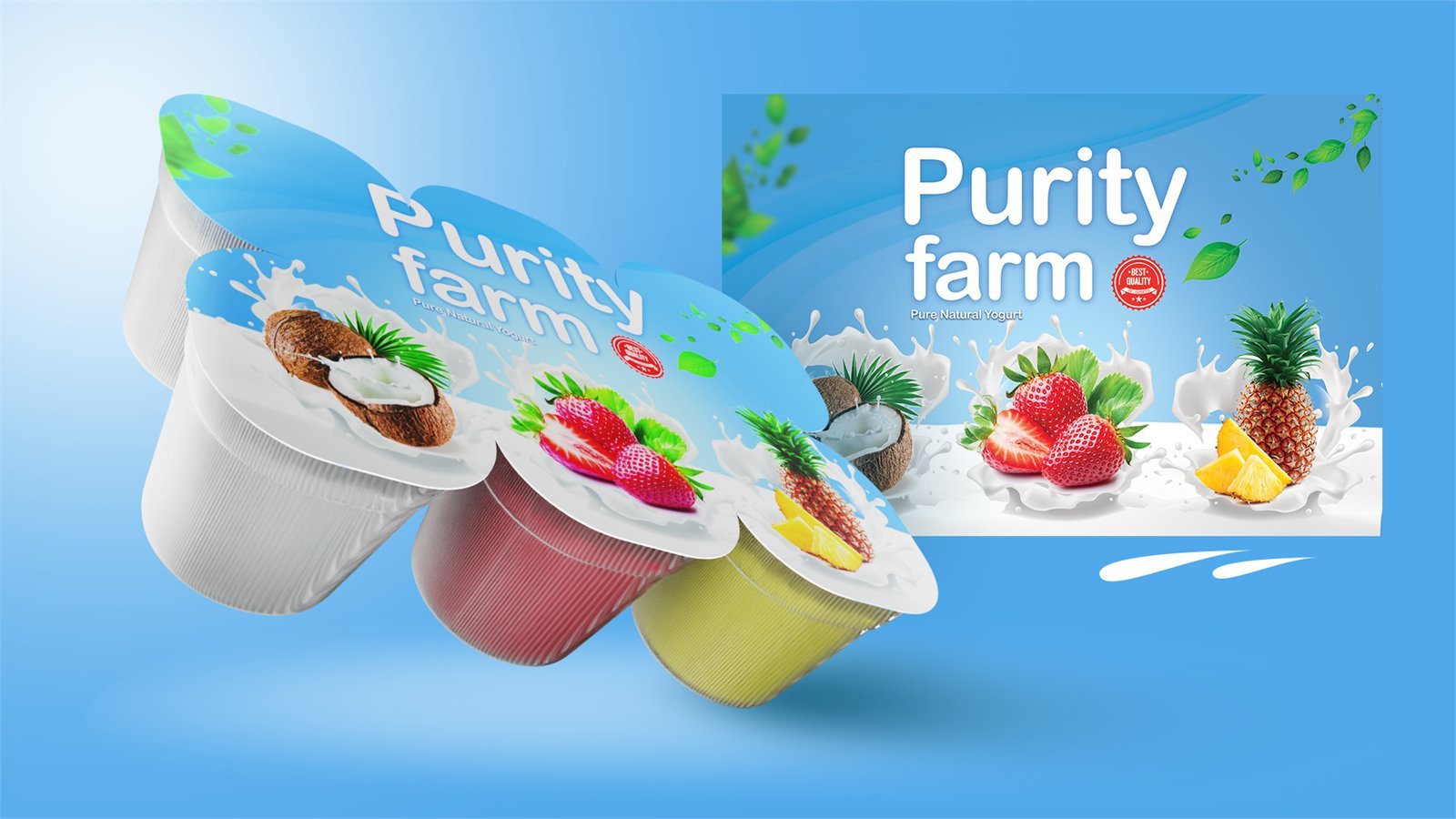 Purity Farm yogurt cups in coconut, strawberry and pineapple with the range key visual